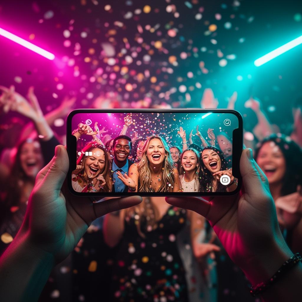 Guest holding up a phone capturing a joyful party scene through PhotoParty